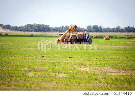 Tractor loading hay bales on truck agricultural works 61344410
