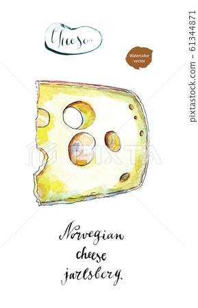 Wedge of Jarlsberg Danish cheese with holes in watercolor Wedge of Jarlsberg Danish cheese with holes in watercolor 61344871
