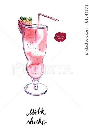 Glass of milk shake with straw and strawberry in watercolor 61344873
