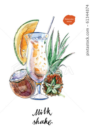 Glass of milk shake with straw and coconut, pineapple, papaya in watercolor Glass of milk shake with straw and coconut, pineapple, papaya in watercolor 61344874