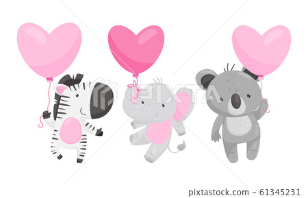 Cute Animals Holding Heart Shaped Pink Balloons... - Stock ...