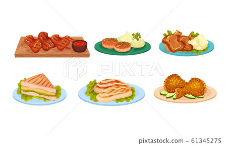 Dishes with Grilled Meat Served on Plates with Greenery Vector Illustrations Set 61345275
