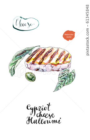 Watercolor grilled slice of Cypriot halloumi cheese. With grill marks, olive and basil. 61345848