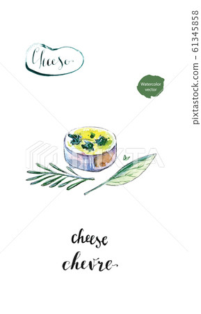 Watercolor piece of French goat cheese Chevre with leaf of basil and twig of rosemary Watercolor piece of French goat cheese Chevre with leaf of basil and twig of rosemary 61345858