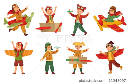 Kids in pilot costumes. Paper toy plane wings, adorable kids play with airplanes toys and child aircraft modeling vector set 61348097