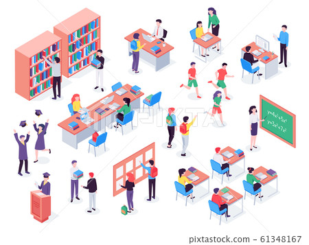 Isometric school. Childrens and teacher in classroom, students in schools library and education classroom vector 3d illustration set 61348167