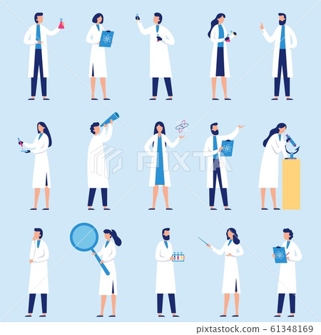 Scientists people. Science lab worker, chemical researchers and scientist professor character flat vector set 61348169