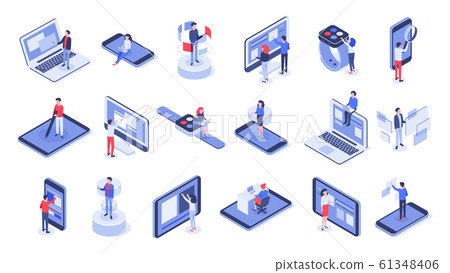 Isometric user interface. Online office, device interactions and touch mobile interfaces 3d vector set Isometric user interface. Online office, device interactions and touch mobile interfaces 3d vector set 61348406
