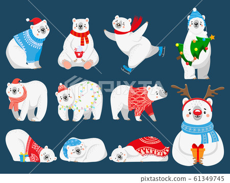 Christmas polar bears. Arctic bear with New Year gifts, happy snow animal in Merry Christmas sweater cartoon vector illustration set 61349745