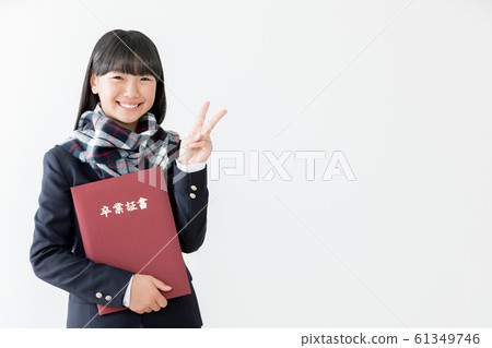 Junior high school student High school student Woman Graduation ceremony Diploma Peace buoy sign 61349746