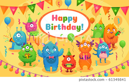 Happy birthday monsters. Kids birthday party cute monster mascot, monsters anniversary greeting card cartoon vector illustration Happy birthday monsters. Kids birthday party cute monster mascot, monsters anniversary greeting card cartoon vector illustration 61349841