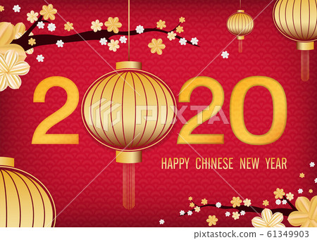 Happy Chinese New Year with paper art flowers on red background. Happy Chinese New Year with paper art flowers on red background. 61349903