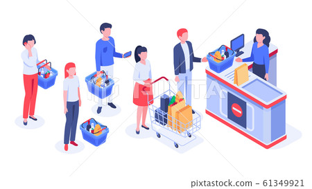Isometric supermarket purchases. Buyers in line waiting, shoppers purchase and retail store cash register vector illustration Isometric supermarket purchases. Buyers in line waiting, shoppers purchase and retail store cash register vector illustration 61349921