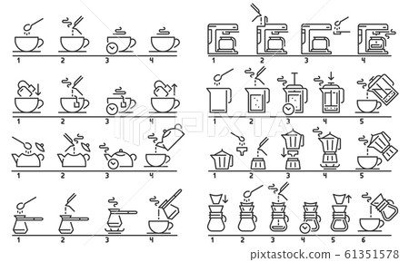 Brewing tea and coffee instruction. Preparing green tea bag, hot drinks guideline and coffee machine tutorial vector illustration set 61351578