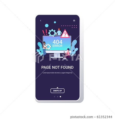 mix race people using computer app 404 page not found concept internet connection problem message on monitor website under construction smartphone screen mobile application copy space full length 61352344