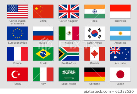 G20 countries flags. Major world advanced and emerging economies states, official Group of Twenty flag labels vector set 61352520