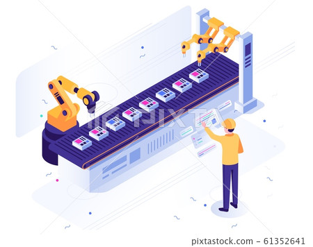Isometric robotic factory. Engineer operates robotic conveyor, automatic robot arm and industrial manufacture vector illustration 61352641
