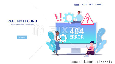 mix race people using computer app 404 page not found concept internet connection problem message on monitor screen website under construction horizontal copy space full length vector illustration 61353515