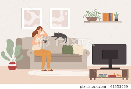 Young woman watch TV. Girl lying on couch with coffee mug and watching television show series vector illustration 61353969