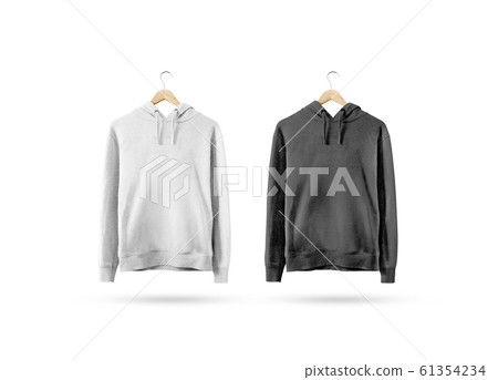 Blank black and white sweatshirt mockup hanging on wooden hanger Blank black and white sweatshirt mockup hanging on wooden hanger 61354234