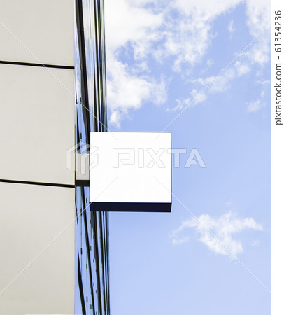Blank white square sign on glas wall mockup, sky background Blank white square sign on glas wall mockup, sky background 61354236