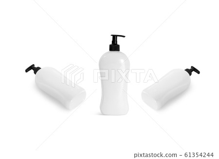 Blank white shampoo bottle with pump mockup, front and side Blank white shampoo bottle with pump mockup, front and side 61354244