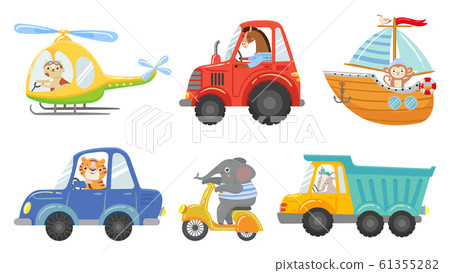 Cute animal drivers. Animal driving car, tractor and truck. Toy helicopter, sailboat and urban scooter cartoon vector illustration set Cute animal drivers. Animal driving car, tractor and truck. Toy helicopter, sailboat and urban scooter cartoon vector illustration set 61355282