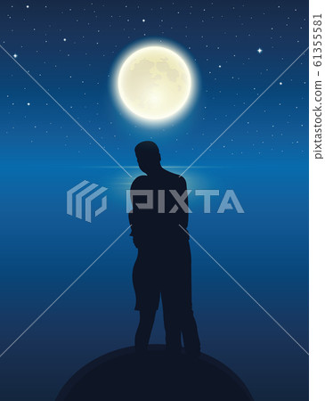couple by the lake with full moon in a starry... - Stock Illustration ...