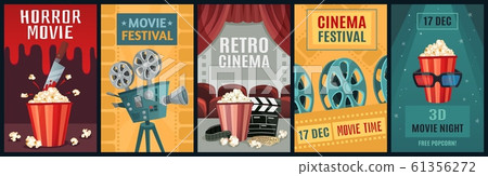 Movie poster. Horror film, cinema camera and retro movies night posters template vector illustration set 61356272
