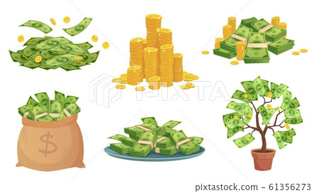 Cartoon cash. Green dollar banknotes pile, rich gold coins and pay. Cash bag, tray with stacks of bills and money tree vector illustration set Cartoon cash. Green dollar banknotes pile, rich gold coins and pay. Cash bag, tray with stacks of bills and money tree vector illustration set 61356273