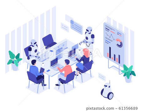 Robot and human office workers. Robotic worker, humans and robots work together in futuristic workplace isometric vector illustration 61356689