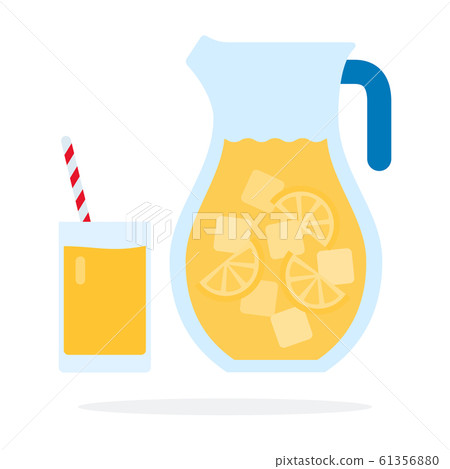 Lemonade with ice in a glass jug and a glass of lemonade with straws flat isolated Lemonade with ice in a glass jug and a glass of lemonade with straws flat isolated 61356880