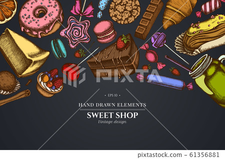 Design on dark background with cinnamon, macaron, lollipop, bar, candies, oranges, buns and bread 61356881