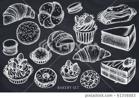 Vector set of hand drawn chalk macaron, buns and bread, croissants and bread, cheesecake, eclair Vector set of hand drawn chalk macaron, buns and bread, croissants and bread, cheesecake, eclair 61356883