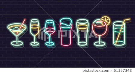 Neon cocktails set. Fluorescent isolated vector icons of brick wall background for menu, banner, advertisement. Isolated glowing classic drinks for any dark background. Neon cocktails set. Fluorescent isolated vector icons of brick wall background for menu, banner, advertisement. Isolated glowing classic drinks for any dark background. 61357348