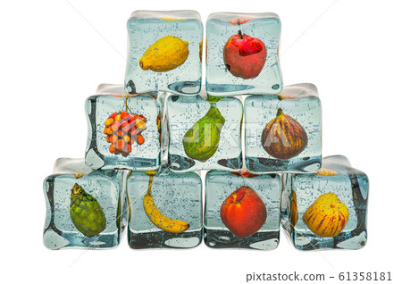 Fruits frozen in ice cubes, pyramid. 3D rendering 61358181