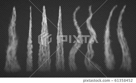 Airplane condensation trails smoke isolated on transparent background. White foggy aviation smoke clouds set. Rocket start trail smoky. Vector illustration Airplane condensation trails smoke isolated on transparent background. White foggy aviation smoke clouds set. Rocket start trail smoky. Vector illustration 61358452