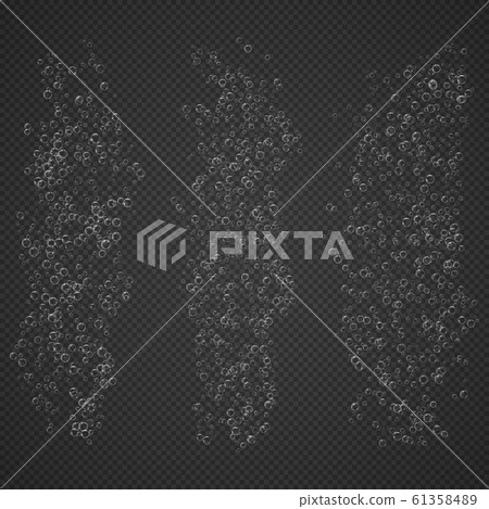 White air effervescent bubbles rise from the depths of the ocean, sea or soda pop, champagne glass isolated on a transparent background. Champagne fizzy on black closeup. Vector illustration 61358489