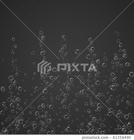 Realistic air bubbles rise from the depths of the ocean, sea or soda pop, champagne glass isolated on a transparent background. Champagne fizzy on black closeup. Vector illustration underwater bubble Realistic air bubbles rise from the depths of the ocean, sea or soda pop, champagne glass isolated on a transparent background. Champagne fizzy on black closeup. Vector illustration underwater bubble 61358490