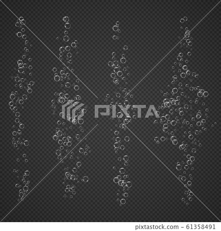 Realistic air bubbles rise from the depths of the ocean, sea or soda pop, champagne glass isolated on a transparent background. Champagne fizzy on black closeup. Vector illustration underwater bubble Realistic air bubbles rise from the depths of the ocean, sea or soda pop, champagne glass isolated on a transparent background. Champagne fizzy on black closeup. Vector illustration underwater bubble 61358491