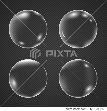 Realistic white air bubbles with reflection isolated on a transparent background. Champagne fizzy on black closeup. Vector illustration underwater bubble Realistic white air bubbles with reflection isolated on a transparent background. Champagne fizzy on black closeup. Vector illustration underwater bubble 61358492