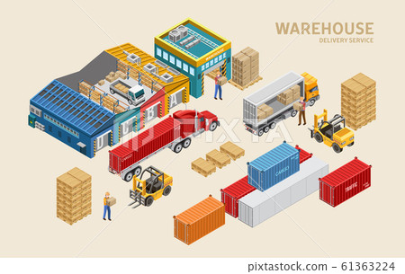 Workers loading trucks near cargo containers 61363224
