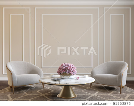 Classic beige interior with armchairs, coffee table, flowers and wall moldings. 3d render illustration mockup. 61363875