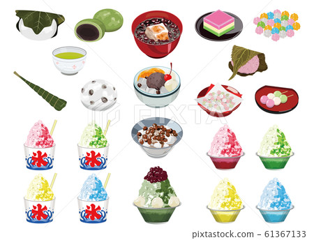Sweet shop food illustrations (anmitsu, shaved ice, soup powder, Sakura mochi, Kashiwa mochi) 61367133