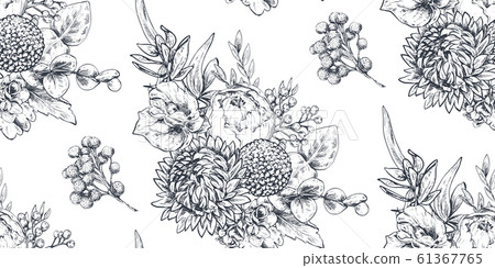 Seamless pattern with hand drawn flowers and... - Stock Illustration ...