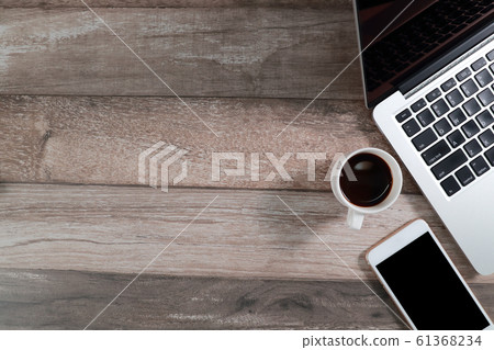 wood office desk with computer and smart phone 61368234