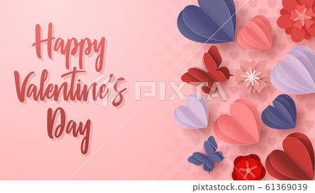 Happy valentines day paper cut style with colorful heart shape in pink background 61369039