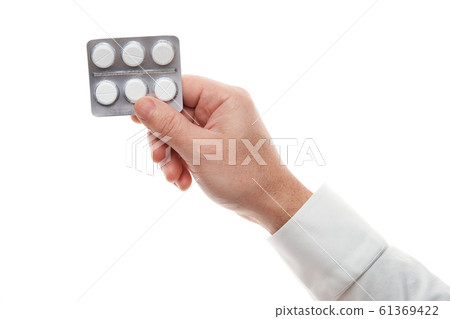 Man hand with pills blister isolated on white Man hand with pills blister isolated on white 61369422