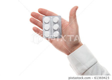 Man hand with pills blister isolated on white Man hand with pills blister isolated on white 61369423