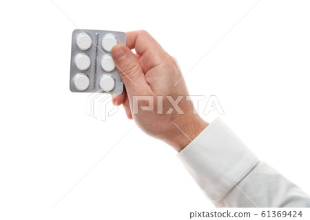 Man hand with pills blister isolated on white Man hand with pills blister isolated on white 61369424